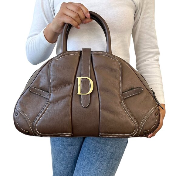 Christian Dior Vintage 2001 CD Logo Double Saddle Bag Padlock Brown [104211] - Picture 1 of 12